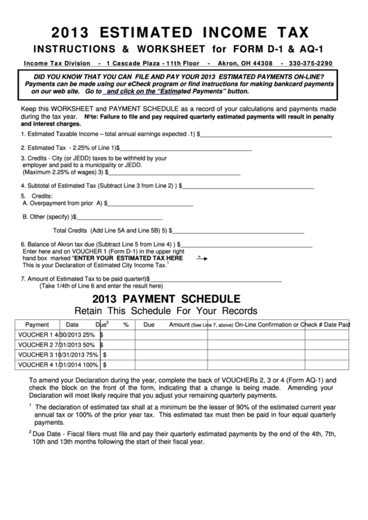 Estimated Income Tax Instructions  Worksheet For Form D1  Aq1  Income Tax Division  2013 