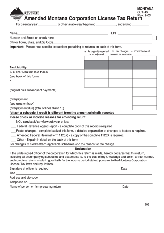 Form Clt-4x - Amended Montana Corporation License Tax Return Printable pdf