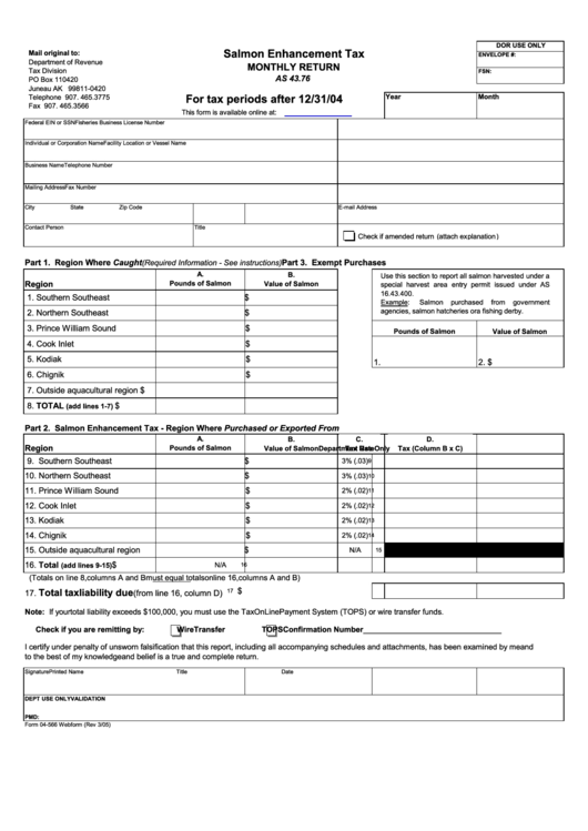 Form 04-566 - Salmon Enhancement Tax Monthly Return Printable pdf