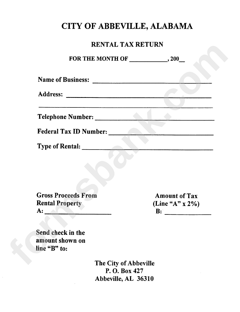 Rental Tax Return Form - City Of Abbeville