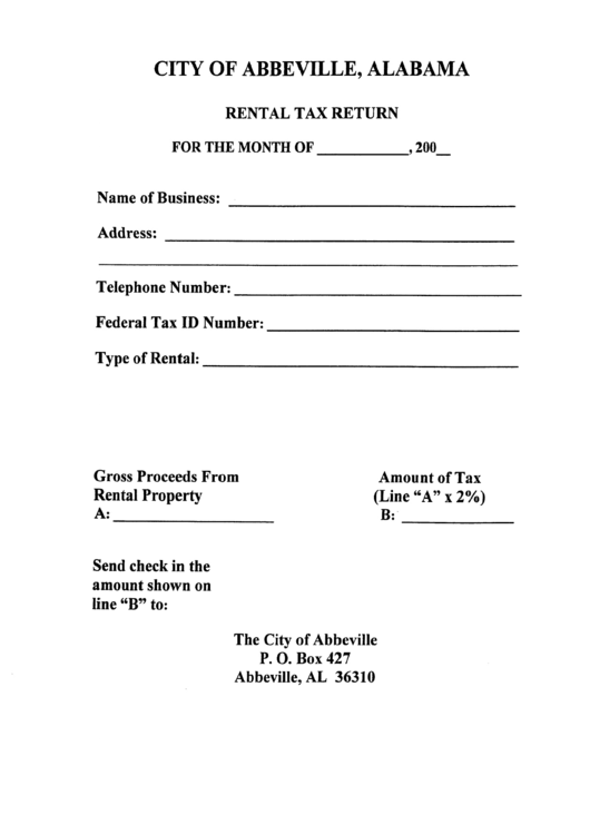 Rental Tax Return Form - City Of Abbeville Printable pdf