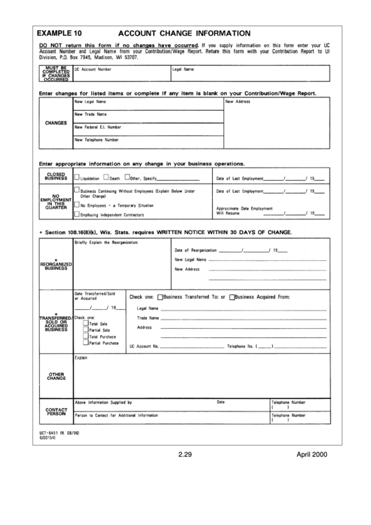 Form Uct-6491 - Account Change Information 2000 Printable pdf