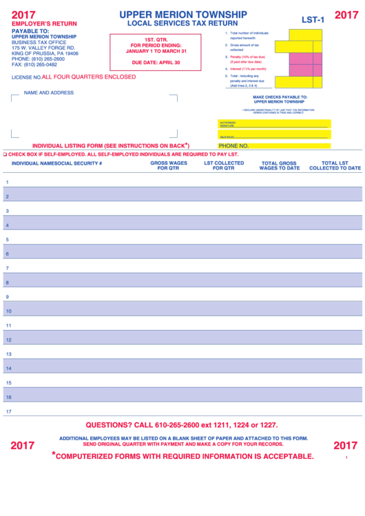 Form Lst-1 - Local Services Tax Return - Upper Merion Township Business Tax Office - 2017 Printable pdf
