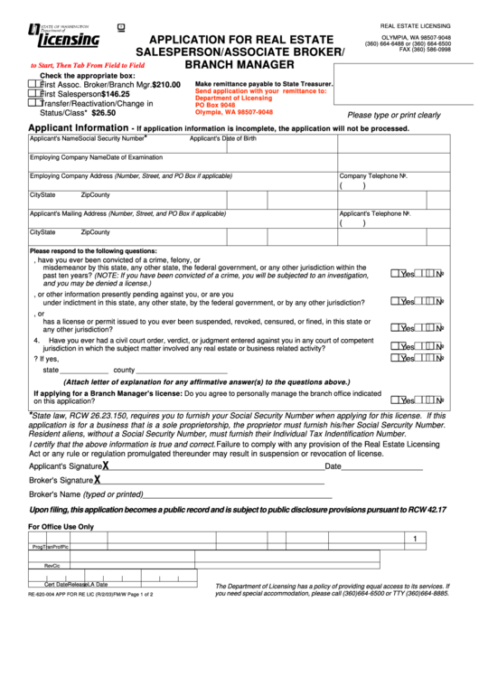 Fillable Form Re-620-004 - Application For Real Estate Salesperson/associate Broker/ Branch Manager - State Of Washington Printable pdf