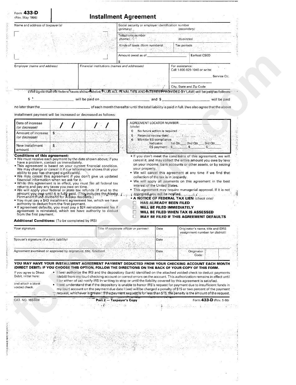 Form 433-D - Installment Agreement - Department Of Treasury