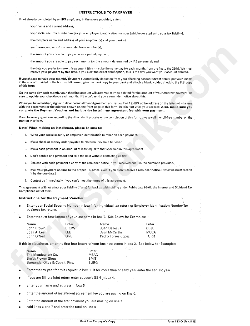 Form 433-D - Installment Agreement - Department Of Treasury