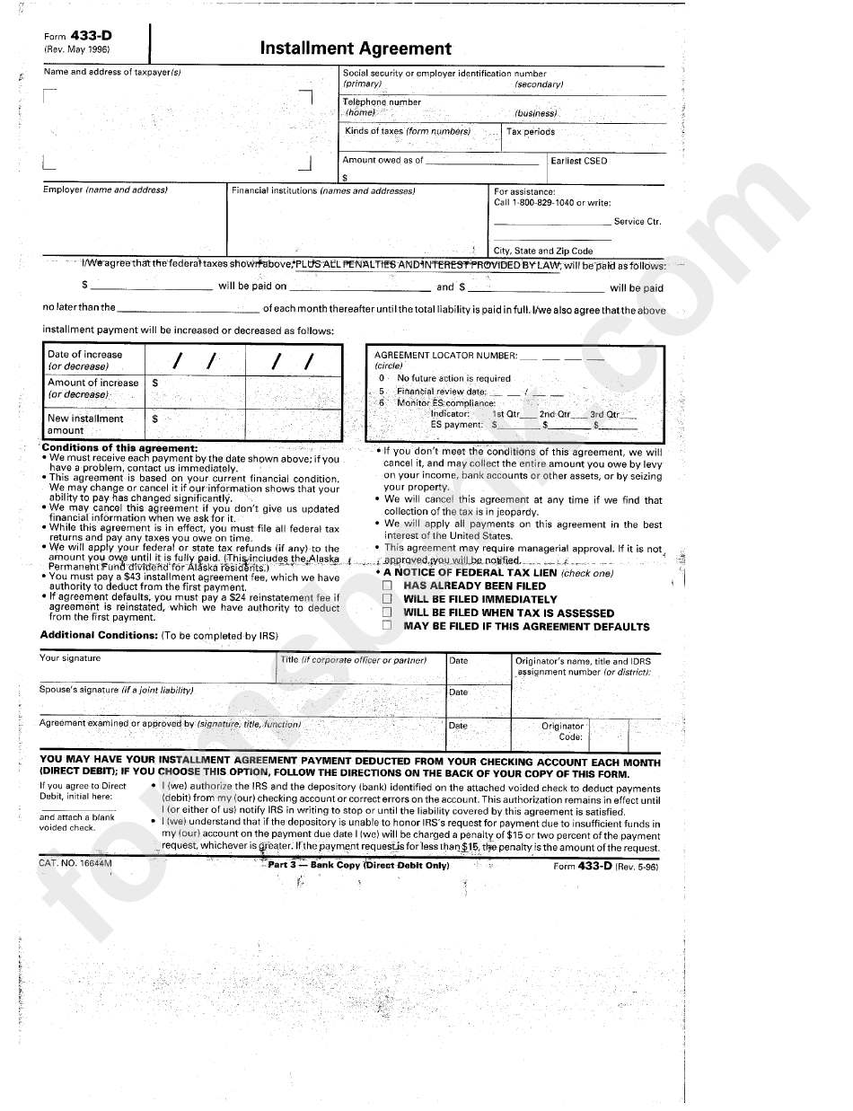 Form 433-D - Installment Agreement - Department Of Treasury