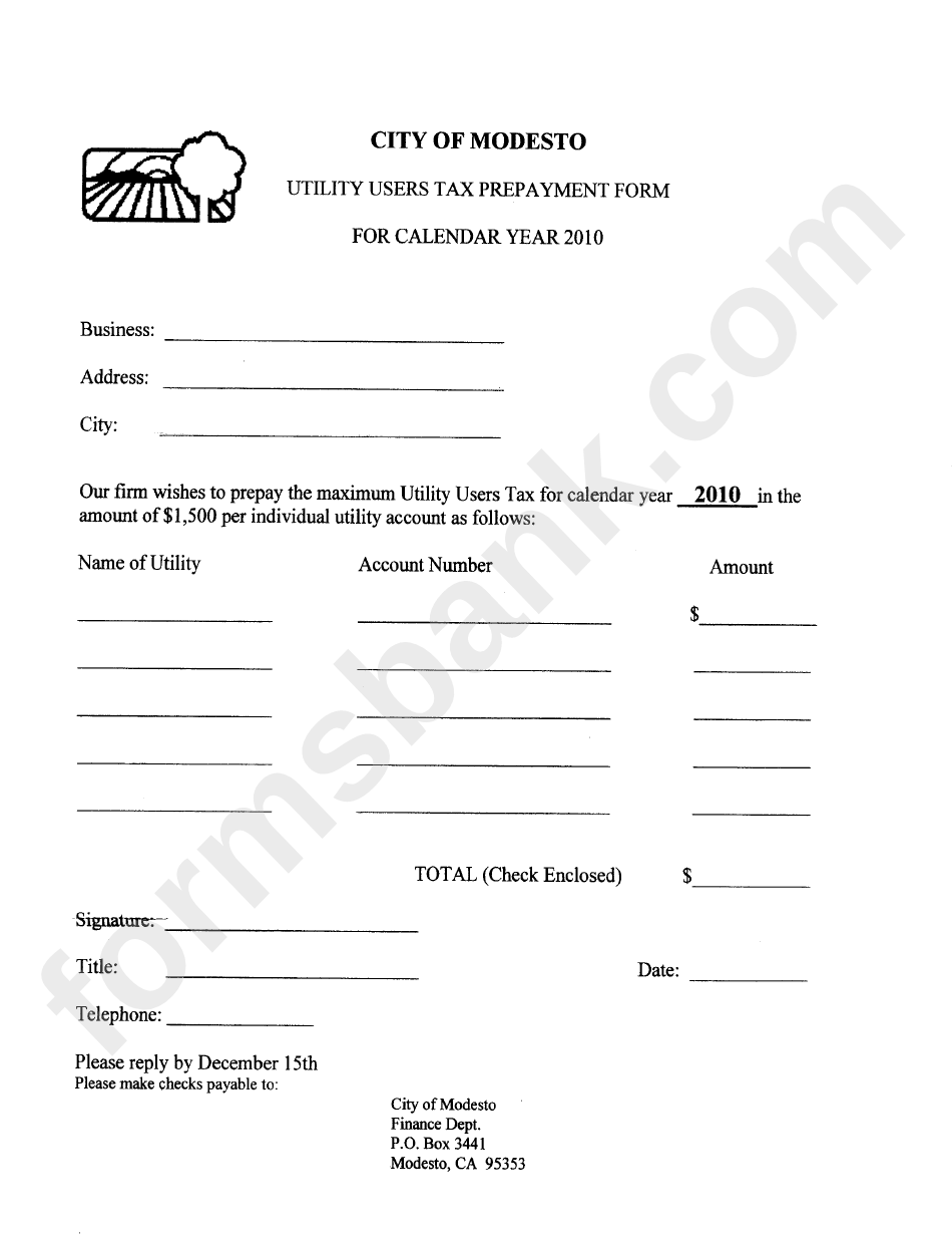 Utility Users Tax Prepayment Form - City Of Mondesto - 2010