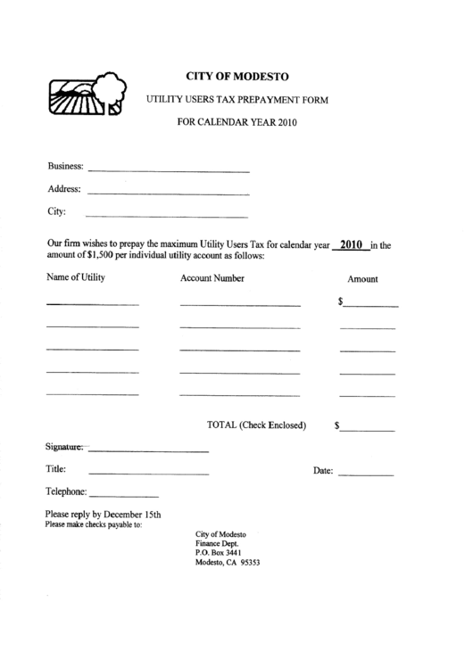 Utility Users Tax Prepayment Form - City Of Mondesto - 2010 Printable pdf