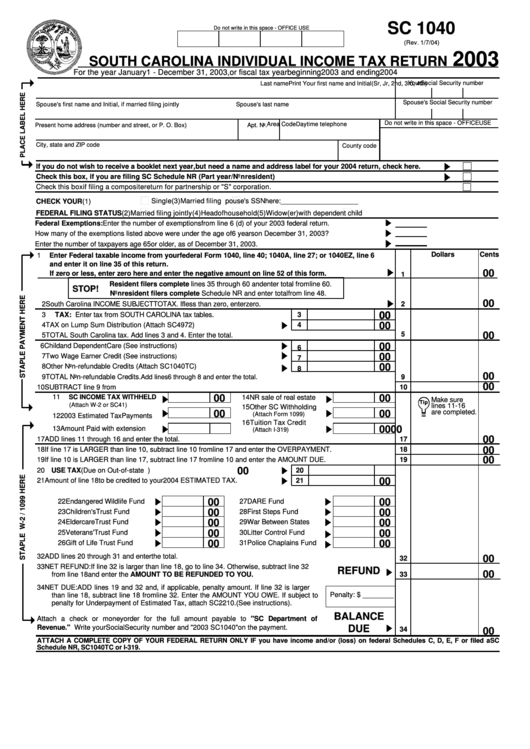 Form Sc 1040 - South Carolina Individual Income Tax Return - 2003 Printable pdf