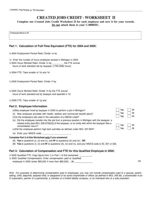 Fillable Form C-8000mc - Created Jobs Credit - Worksheet Ii Printable pdf