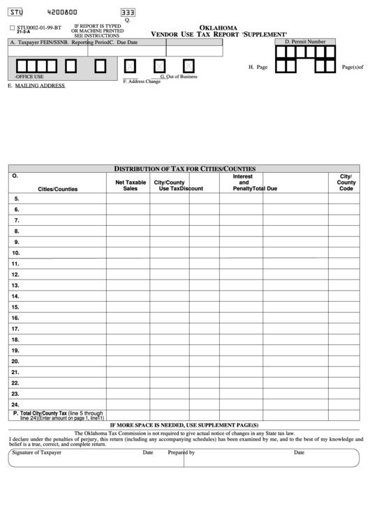 Form 21-3-A - Oklahoma Vendor Use Tax Report Supplement Printable pdf