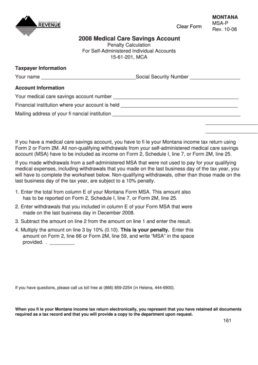 Fillable Montana Form Msa-P - Medical Care Savings Account - 2008 Printable pdf
