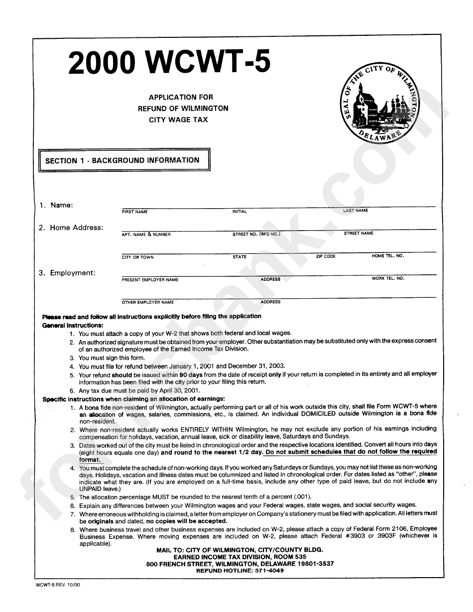 Form Wcwt-5 - Application For Refund Of Wilmington City Wage Tax - Earned Income Tax Division
