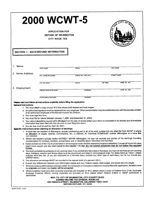 Form Wcwt-5 - Application For Refund Of Wilmington City Wage Tax - Earned Income Tax Division Printable pdf