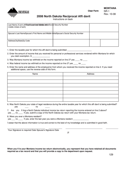 Fillable Montana Form Nr-1 - 2008 North Dakota Reciprocal Affidavit Printable pdf