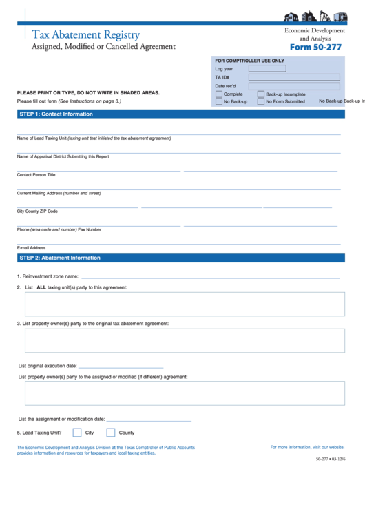 Fillable Form 50-277 - Tax Abatement Registry - Assigned, Modified Or Cancelled Agreement Printable pdf