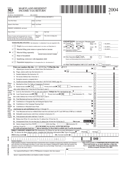 Fillable Form 503 - Maryland Resident Tax Return - 2004 Printable pdf