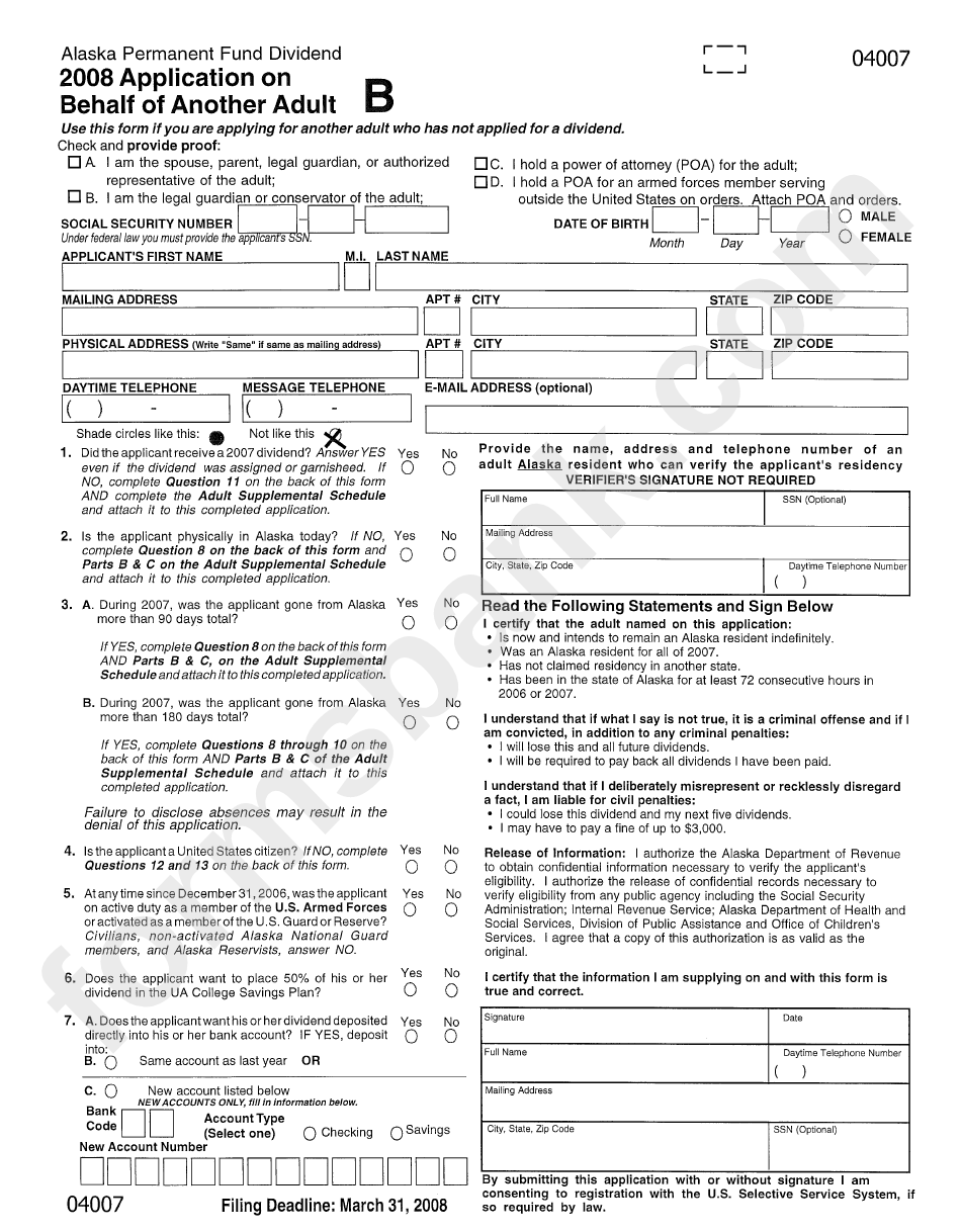 2008 Application On Behalf Of Another Adult - Alaska Permanent Fund Dividend
