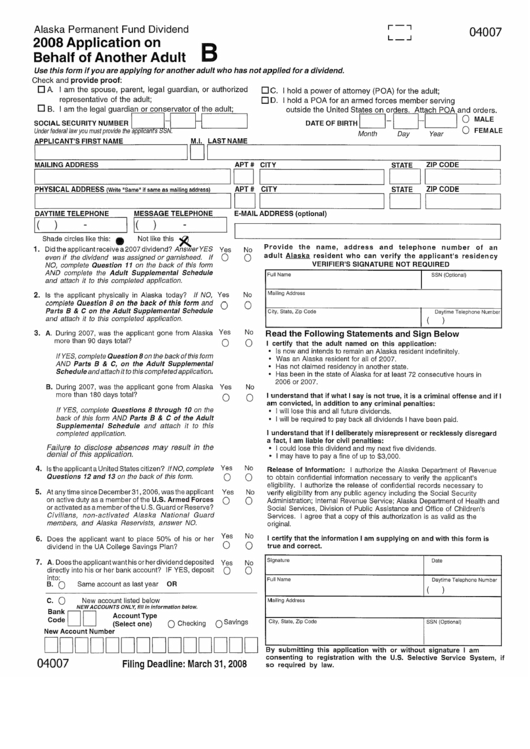 2008 Application On Behalf Of Another Adult - Alaska Permanent Fund Dividend Printable pdf