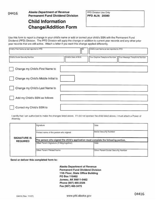 Form 04416 - Child Information Change/addition Form - Alaska Department Of Revenue Printable pdf