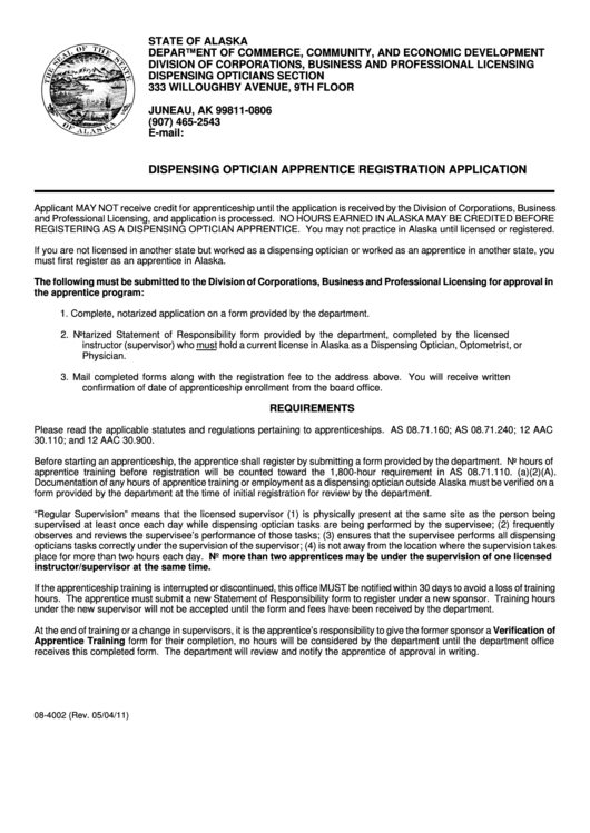 Form 08-4002 - Dispensing Optician Apprentice Registration Application Printable pdf
