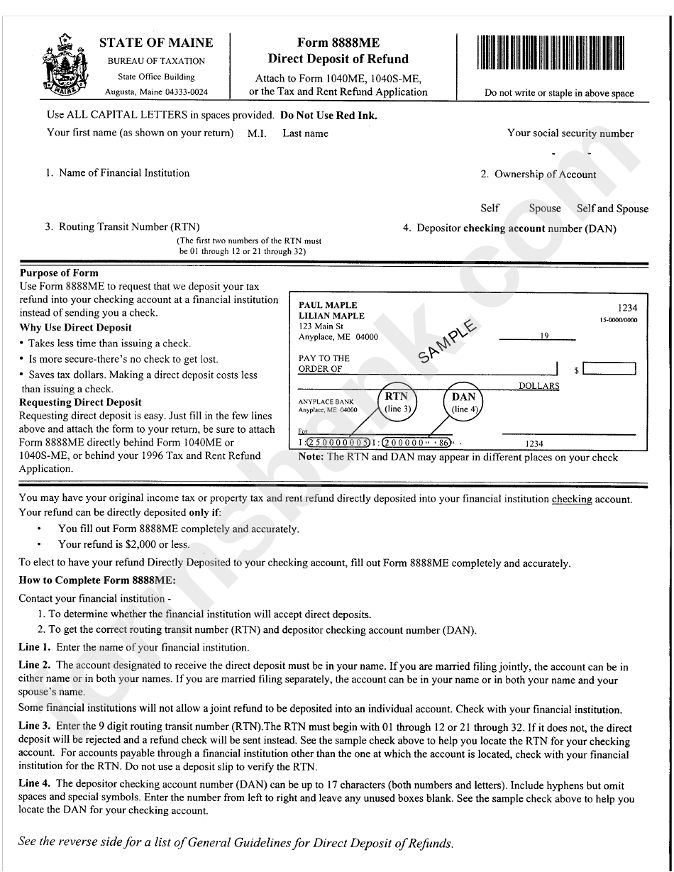 Form 8888me - Direct Deposit Refund - Maine Bureau Of Taxation