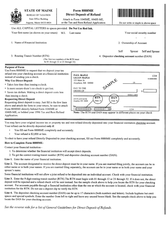 Fillable Form 8888me - Direct Deposit Refund - Maine Bureau Of Taxation Printable pdf
