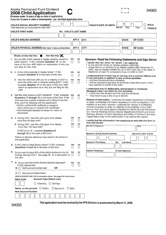 2008 Child Application - Alaska Permanent Fund Dividend Printable pdf