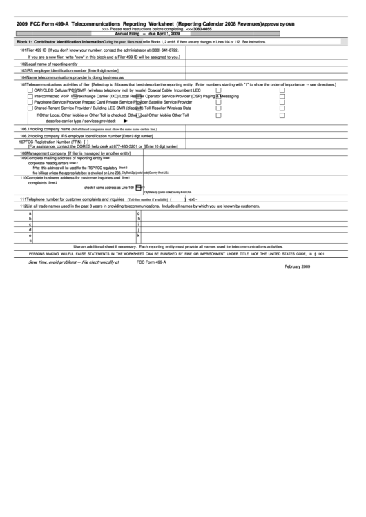 2009 Fcc Form 499-A - Telecommunications Reporting Worksheet (Reporting Calendar 2008 Revenues) Printable pdf