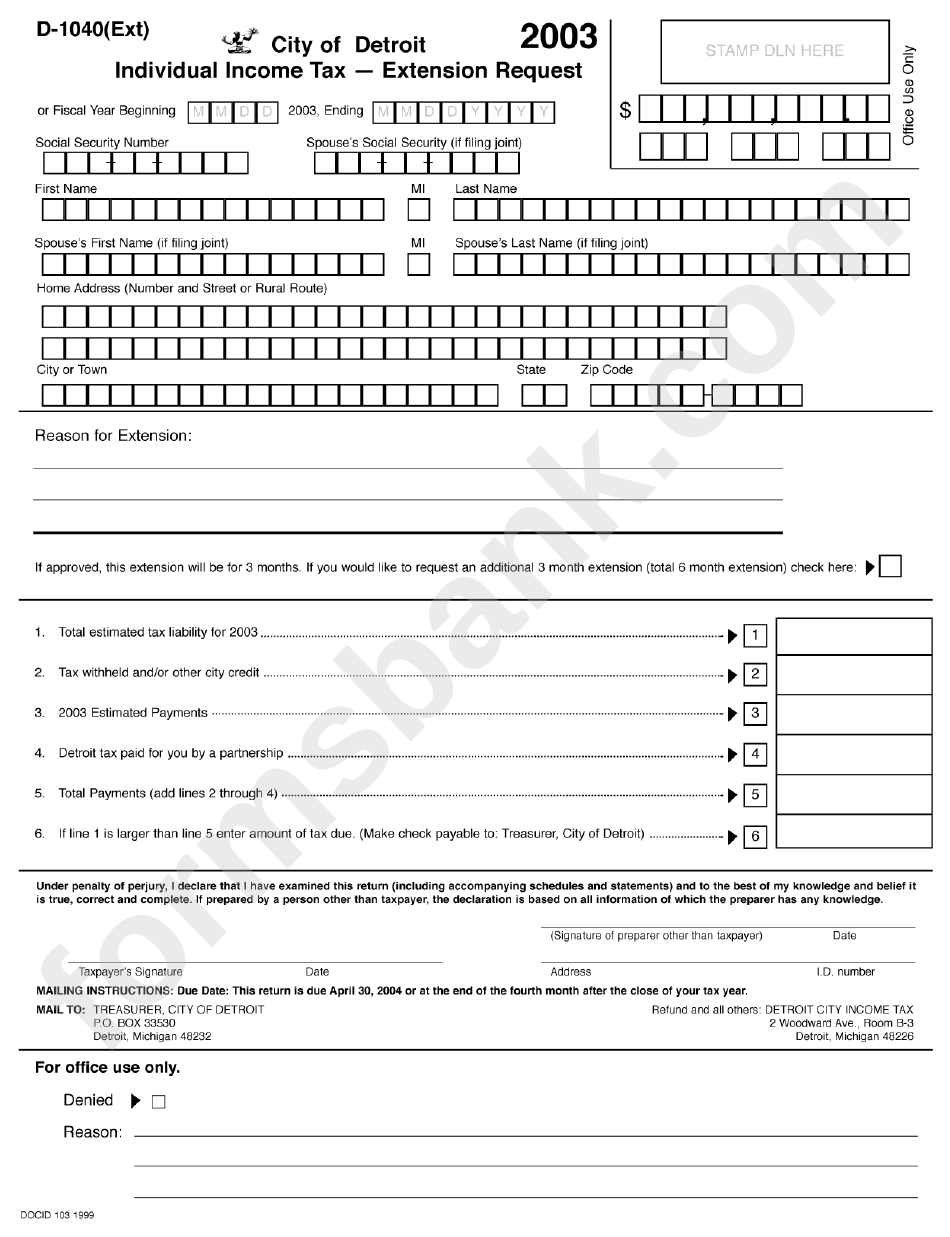 Form D 1040 Individual Income Tax Extension Request 2003 Printable Pdf Download