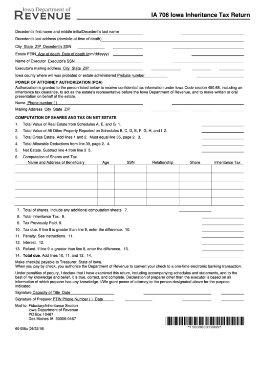 Fillable Form Ia 706 - Iowa Inheritance Tax Return - Department Of Revenue Printable pdf
