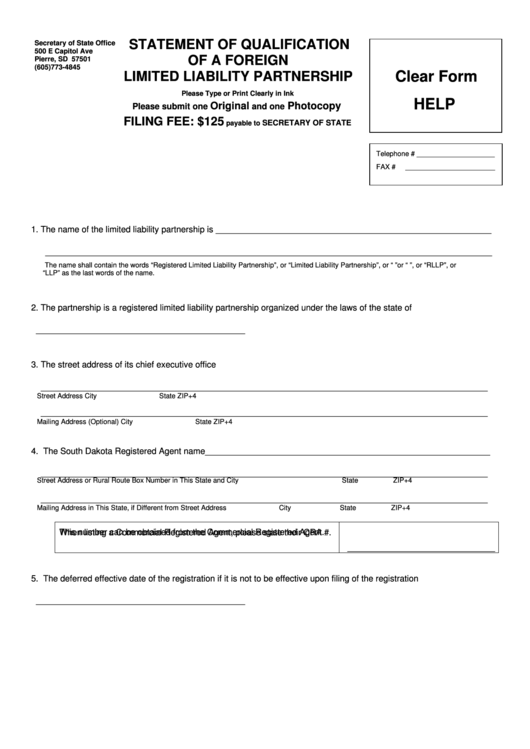 Fillable Statement Of Qualification Of A Foreign Limited Liability Partnership - South Dakota Secretary Of State Printable pdf