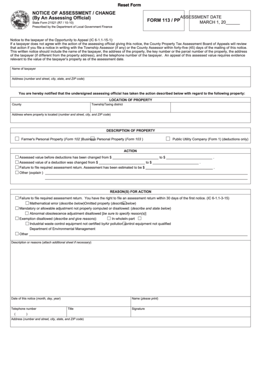 Fillable State Form 21521 - Notice Of Assessment/change Printable pdf