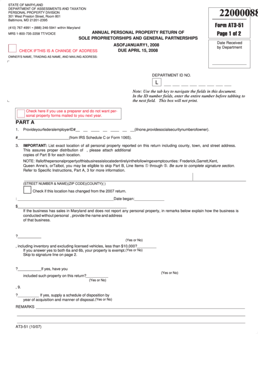 Fillable Form At3-51 - Annual Personal Property Return Of Sole Proprietorships And General Partnerships - 2008 Printable pdf