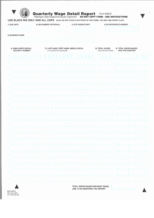 Form 5208b - Quarterly Wage Detail Report - 2004 Printable pdf