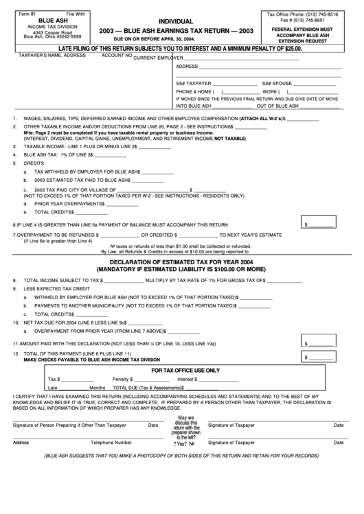 Form Ir - Individual Earnings Tax Return - 2003 printable pdf download