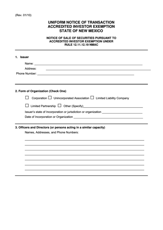 Uniform Notice Of Transaction Accredited Investor Exemption Form - State Of New Mexico Printable pdf