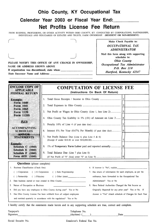 Net Profits License Fee Return Form - Ohio County, 2003 Printable pdf