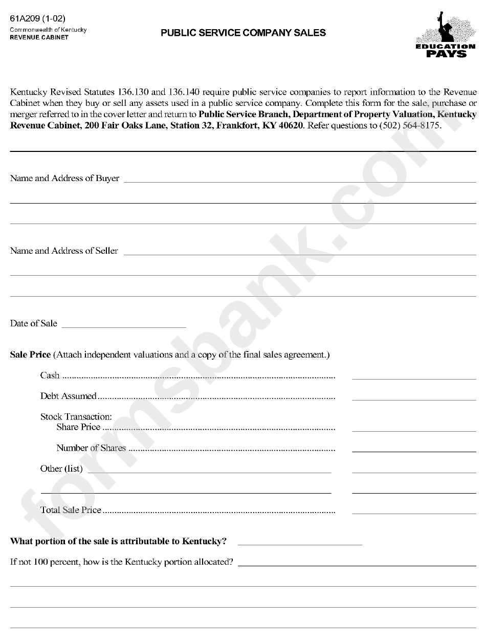 Form 61a209 - Public Service Company Sales - State Of Kentucky