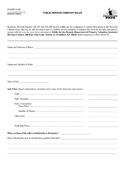 Form 61a209 - Public Service Company Sales - State Of Kentucky Printable pdf