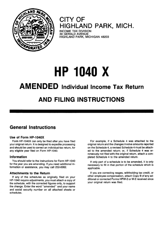 Form Hp 1040 X - Amended Individual Income Tax Return And Filing Instructions - City Of Highland Park Printable pdf