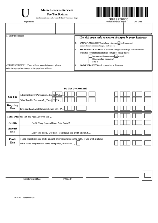 Form St-7-U - Use Tax Return - Maine Revenue Services Printable pdf