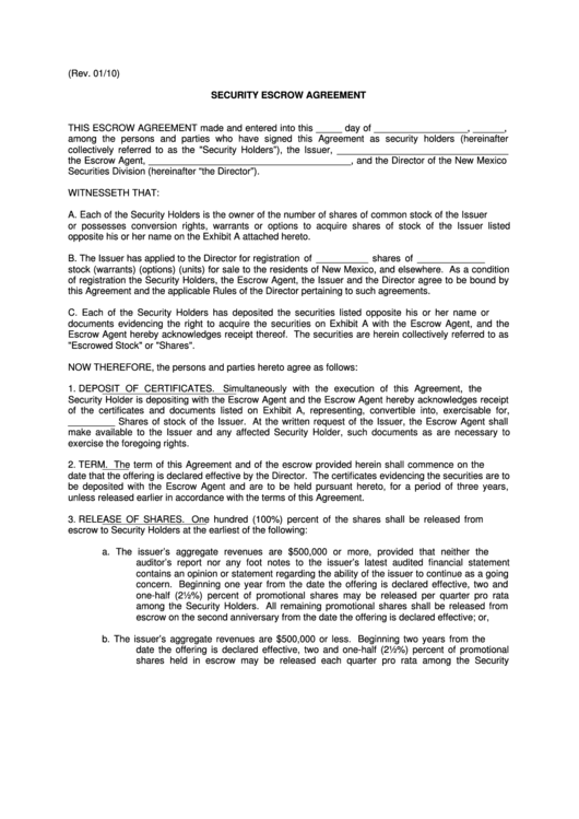 Security Escrow Agreement Printable pdf