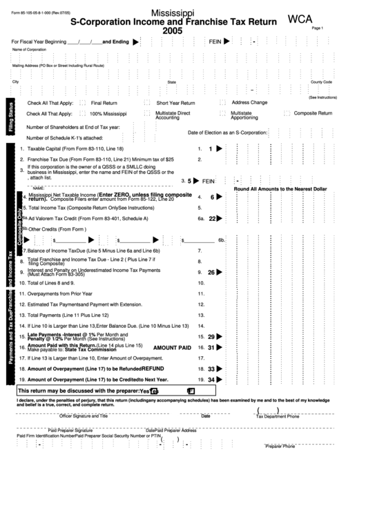 Form 85-105-05-8-1-000 - Mississippi S-Corporation Income And Franchise Tax Return - 2005 Printable pdf