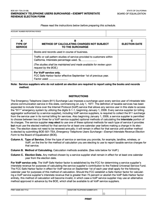 Fillable Form Boe-501-Tea - Emergency Telephone Users Surcharge - Exempt Interstate Revenue Election Form - State Of California Board Of Equalization Printable pdf