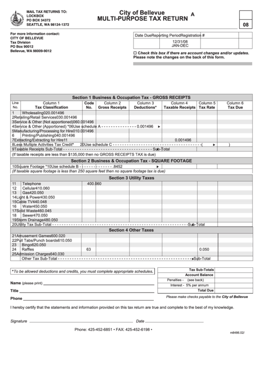 Multi-Purpose Tax Return - City Of Bellevue - 2008 Printable pdf