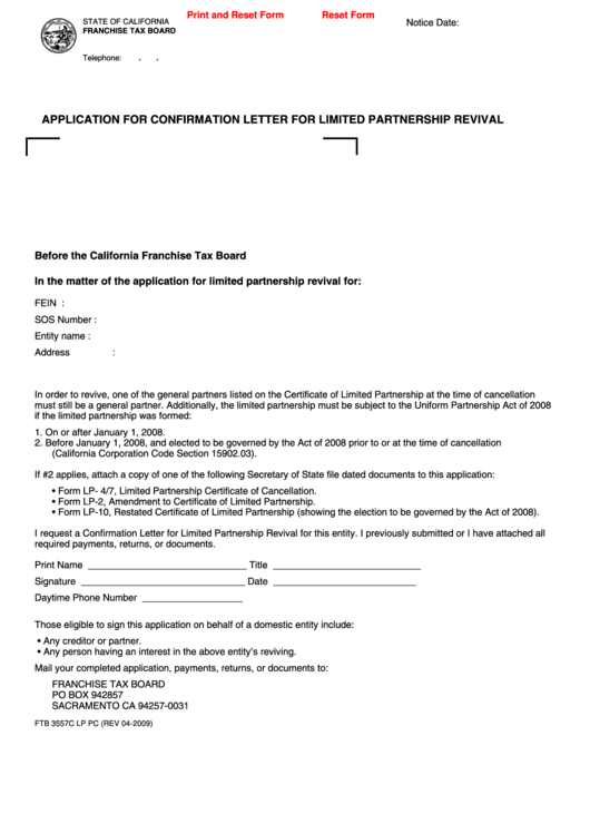 Fillable Form Ftb 3557c Lp Pc - Application For Confirmation Letter For Limited Partnership Revival Printable pdf