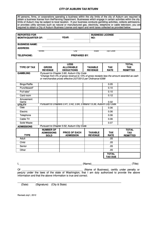 City Of Auburn Tax Return Form Printable pdf