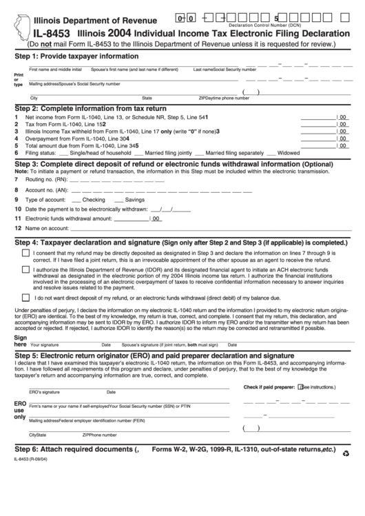 Form Il-8453 - Illinois Individual Income Tax Electronic Filing Declaration - 2004 Printable pdf